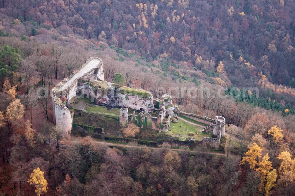 Ramberg from above - Ruins and vestiges of the former castle in Ramberg in the state Rhineland-Palatinate