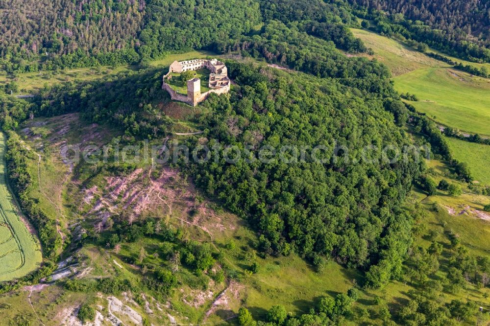 Drei Gleichen from above - Ruins and vestiges of the former castle and fortress Burg Gleichen on Thomas-Muentzer-Strasse in the district Wandersleben in Drei Gleichen in the state Thuringia, Germany