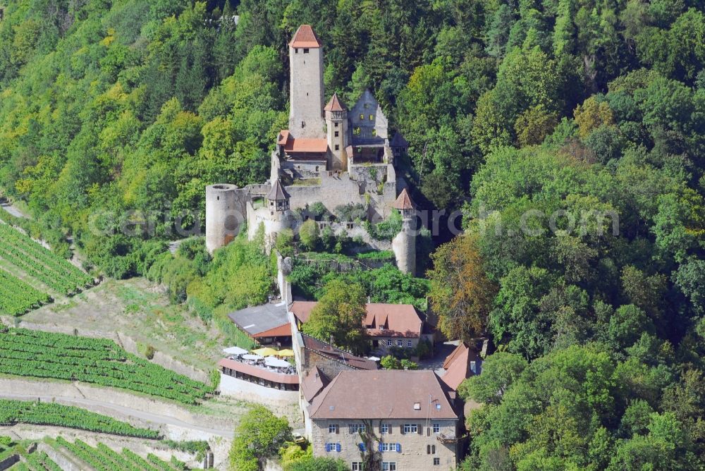 Neckarzimmern from above - Ruins and vestiges of the former castle and fortress Burg Hornberg in Neckarzimmern in the state Baden-Wuerttemberg, Germany