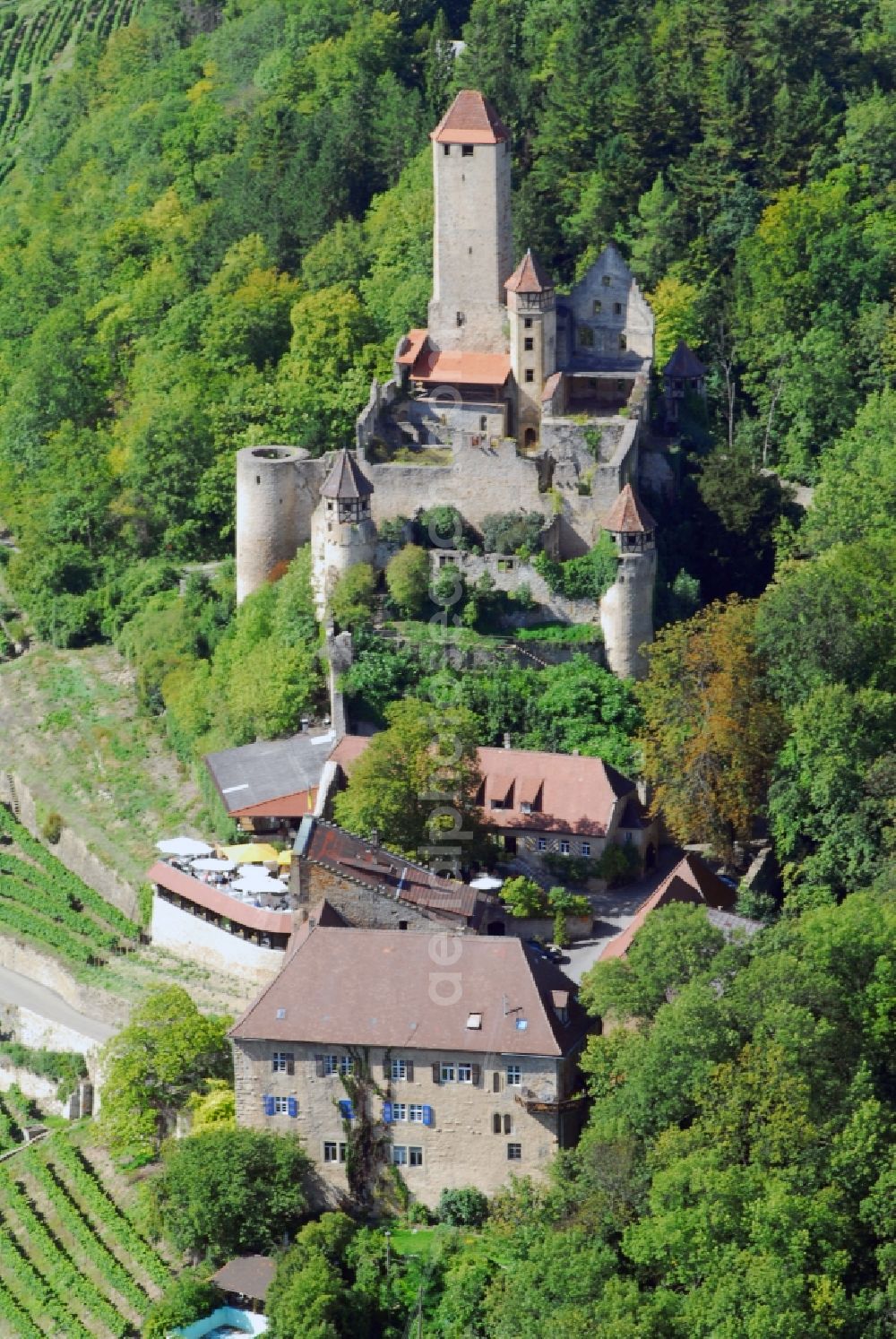 Neckarzimmern from the bird's eye view: Ruins and vestiges of the former castle and fortress Burg Hornberg in Neckarzimmern in the state Baden-Wuerttemberg, Germany
