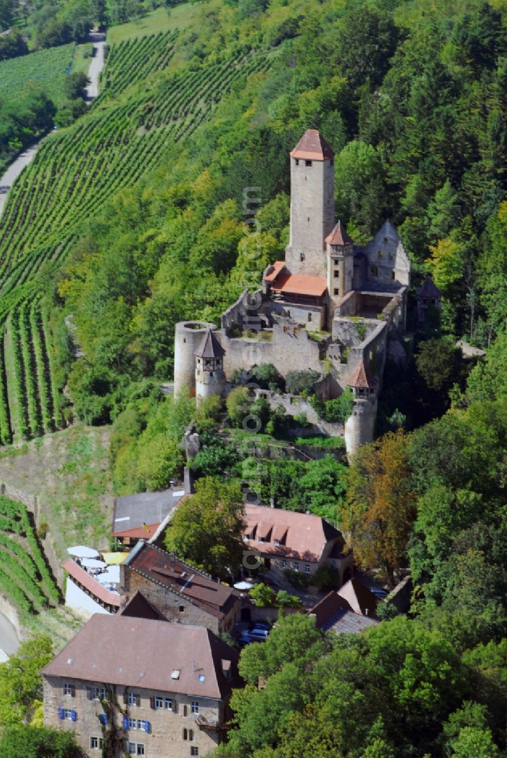 Aerial image Neckarzimmern - Ruins and vestiges of the former castle and fortress Burg Hornberg in Neckarzimmern in the state Baden-Wuerttemberg, Germany