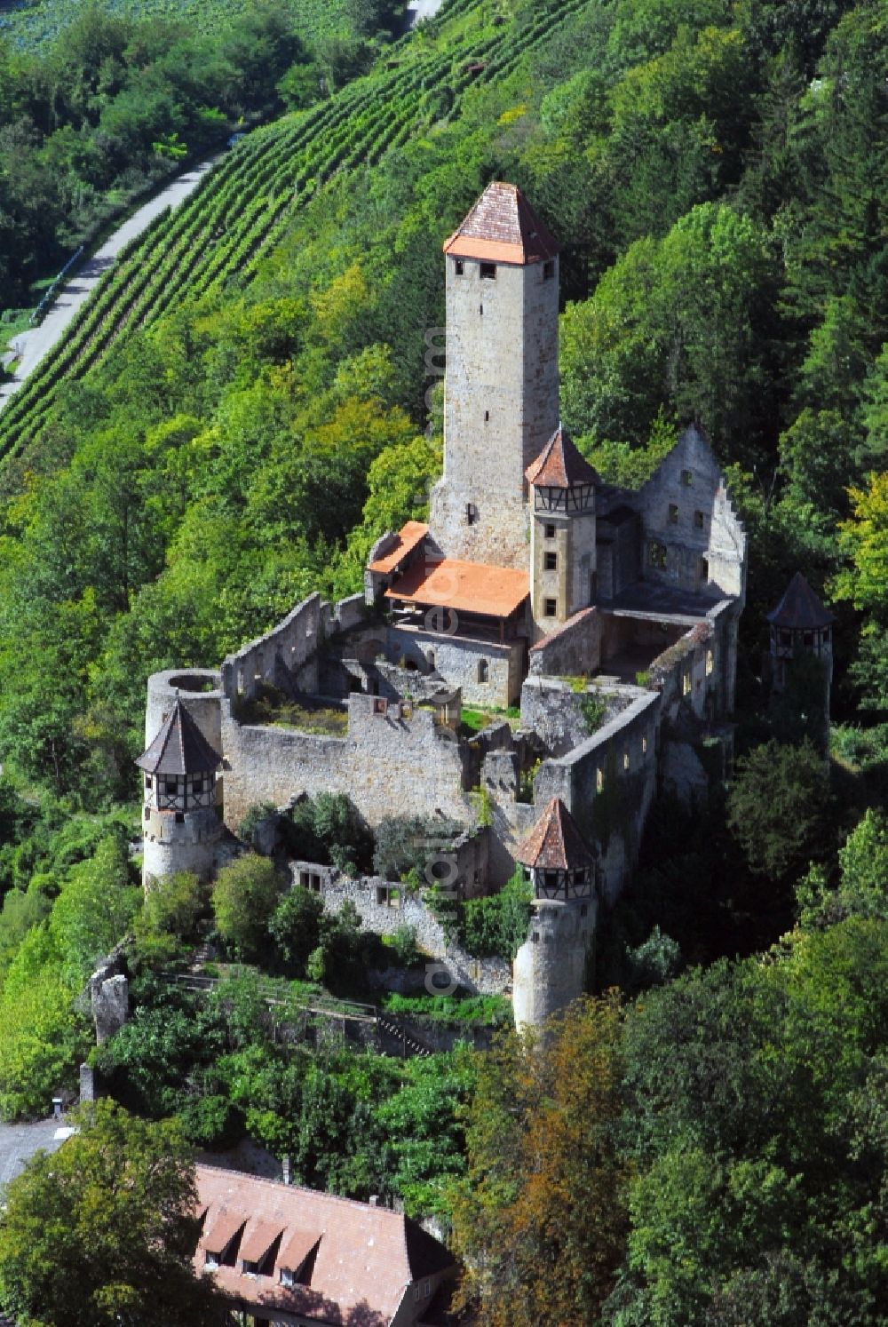 Aerial photograph Neckarzimmern - Ruins and vestiges of the former castle and fortress Burg Hornberg in Neckarzimmern in the state Baden-Wuerttemberg, Germany