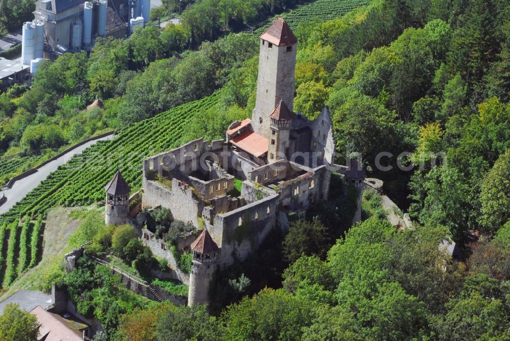 Neckarzimmern from the bird's eye view: Ruins and vestiges of the former castle and fortress Burg Hornberg in Neckarzimmern in the state Baden-Wuerttemberg, Germany