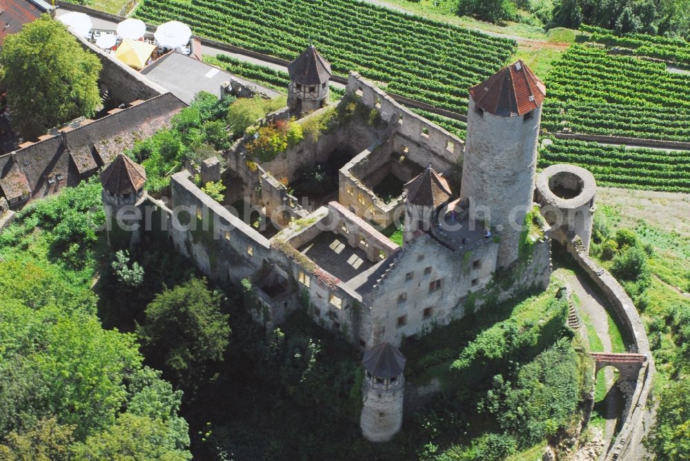 Aerial photograph Neckarzimmern - Ruins and vestiges of the former castle and fortress Burg Hornberg in Neckarzimmern in the state Baden-Wuerttemberg, Germany