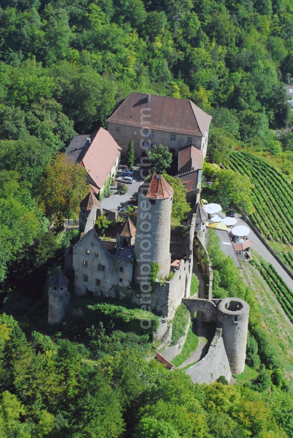 Neckarzimmern from above - Ruins and vestiges of the former castle and fortress Burg Hornberg in Neckarzimmern in the state Baden-Wuerttemberg, Germany