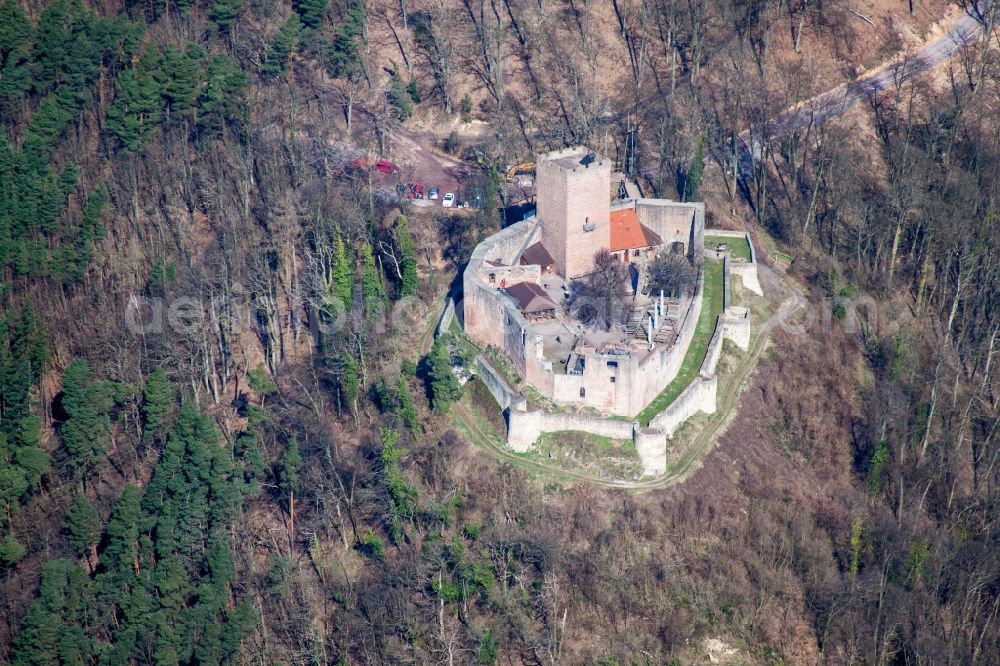 Aerial image Klingenmünster - Ruins and vestiges of the former castle and fortress Burg Landeck in Klingenmuenster in the state Rhineland-Palatinate, Germany