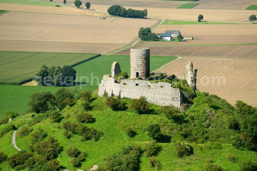 Warburg from above - Ruins and vestiges of the former castle and fortress Burgruine Desenberg in Warburg in the state North Rhine-Westphalia, Germany