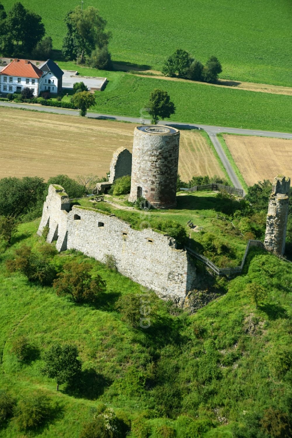 Warburg from above - Ruins and vestiges of the former castle and fortress Burgruine Desenberg in Warburg in the state North Rhine-Westphalia, Germany