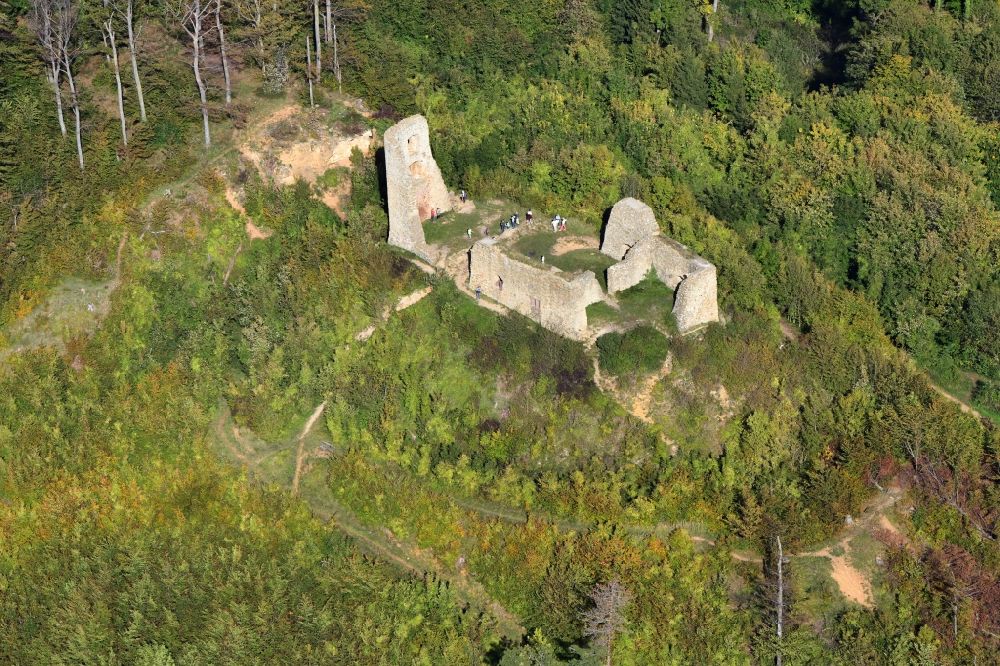 Ebringen from above - Ruins and vestiges of the former castle and fortress Burgruine Schneeburg in the district Sankt Georgen in Ebringen in the state Baden-Wurttemberg, Germany