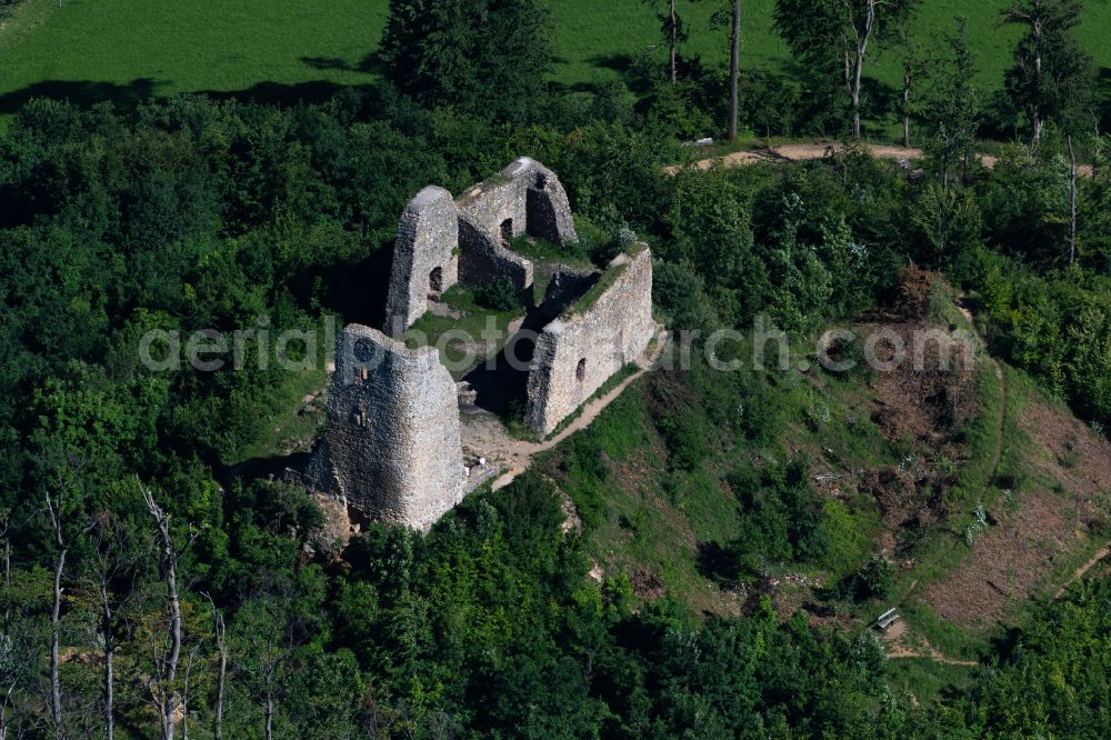 Ebringen from the bird's eye view: Ruins and vestiges of the former castle and fortress Burgruine Schneeburg in the district Sankt Georgen in Ebringen in the state Baden-Wurttemberg, Germany