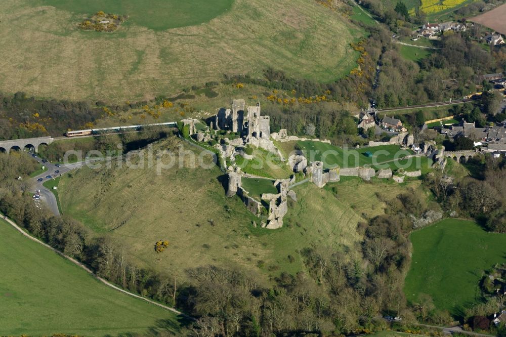 Corfe Castle from above - Ruins and vestiges of the former castle and fortress Corfe Castle on The Square in Corfe Castle in England, United Kingdom