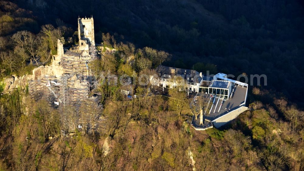 Königswinter from the bird's eye view: Ruins and vestiges of the former castle and fortress with scaffolding for renovation and the restaurant Drachenfels on Drachenfels in Koenigswinter in the state North Rhine-Westphalia, Germany