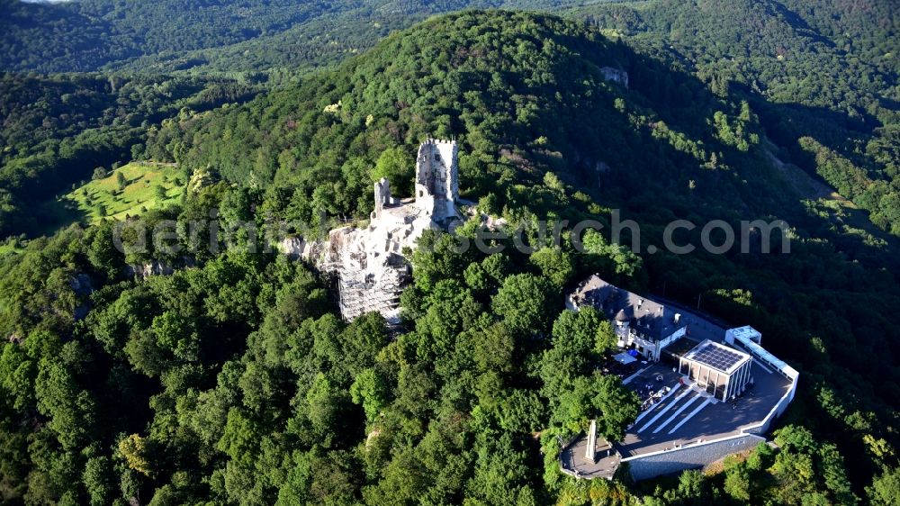 Aerial photograph Königswinter - Ruins and vestiges of the former castle and fortress with scaffolding for renovation and the restaurant Drachenfels on Drachenfels in Koenigswinter in the state North Rhine-Westphalia, Germany