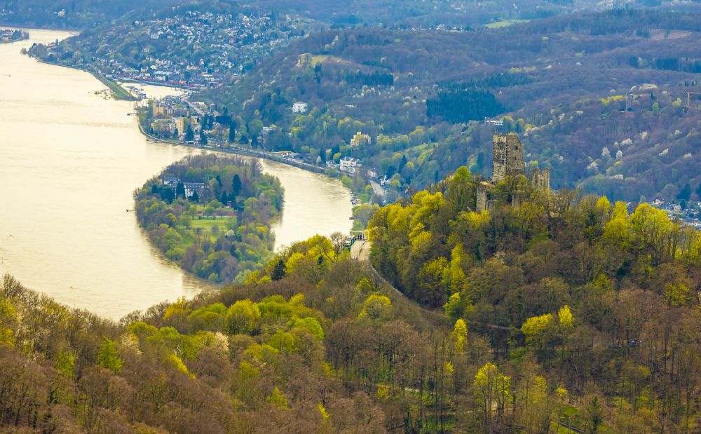 Königswinter from above - Ruins and vestiges of the former castle and fortress with scaffolding for renovation and the restaurant Drachenfels on Drachenfels in Koenigswinter in the state North Rhine-Westphalia, Germany