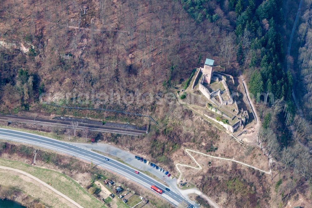 Neckarsteinach from above - Ruins and vestiges of the former castle and fortress Hinterburg in Neckarsteinach in the state Hesse, Germany