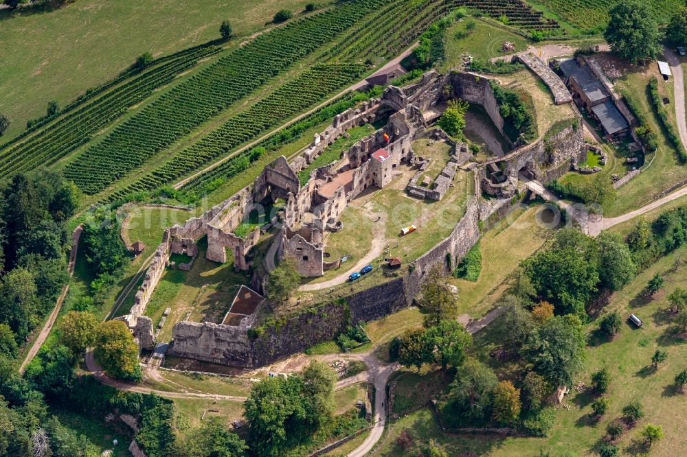 Emmendingen from above - Ruins and vestiges of the former castle and fortress Hochburg in Emmendingen in the state Baden-Wurttemberg, Germany