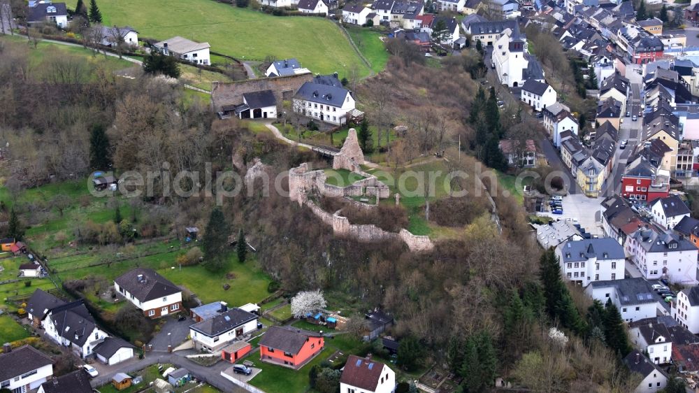 Gerolstein from above - Ruins and vestiges of the former castle and fortress Loewenburg in Gerolstein in the state Rhineland-Palatinate, Germany