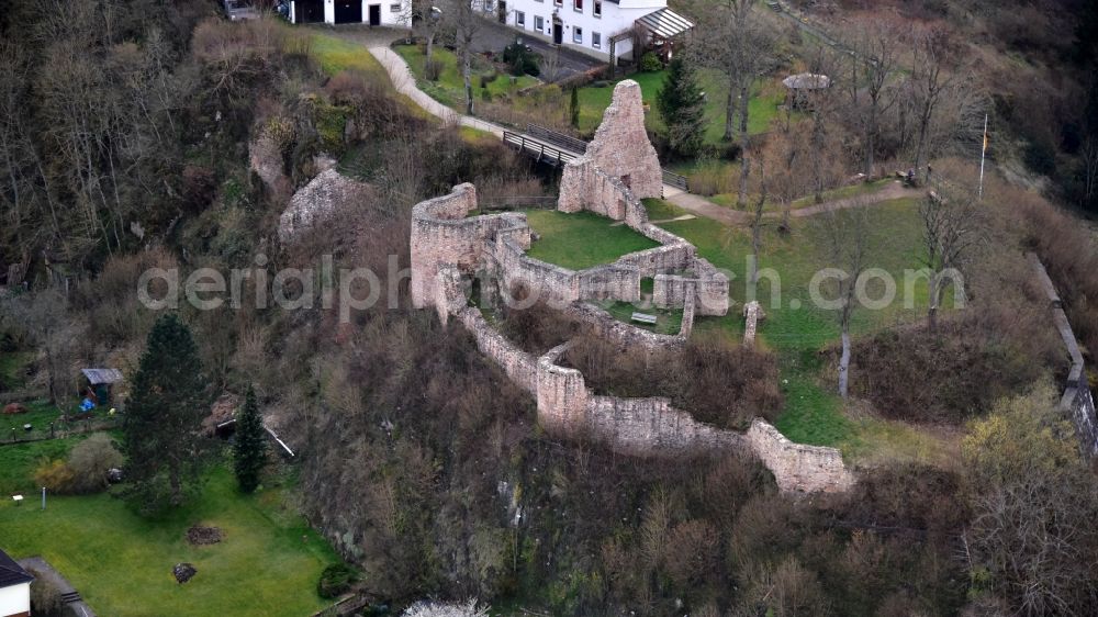 Aerial image Gerolstein - Ruins and vestiges of the former castle and fortress Loewenburg in Gerolstein in the state Rhineland-Palatinate, Germany