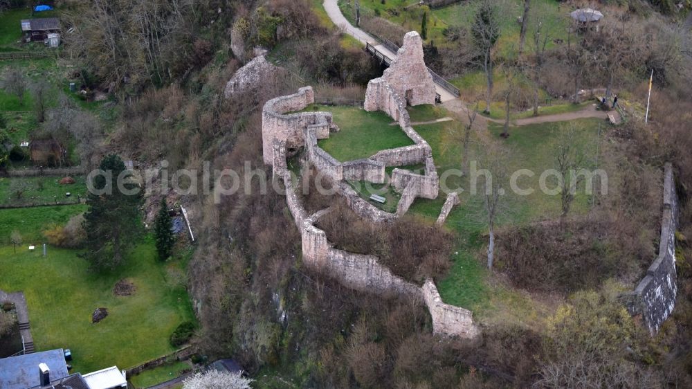 Gerolstein from above - Ruins and vestiges of the former castle and fortress Loewenburg in Gerolstein in the state Rhineland-Palatinate, Germany