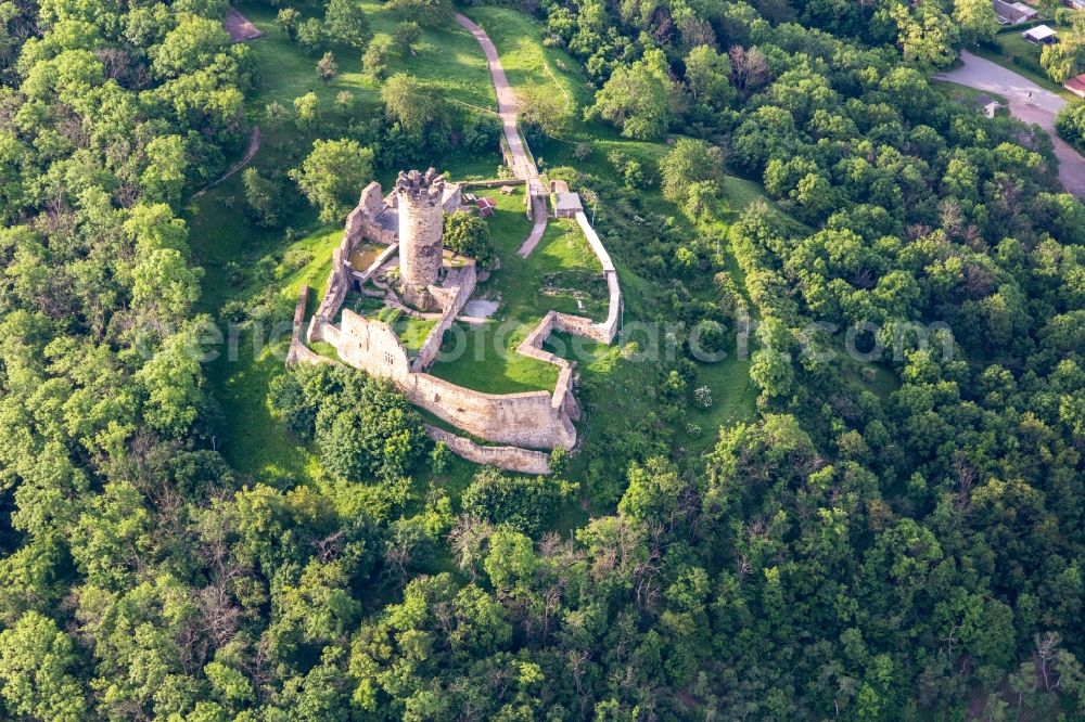 Drei Gleichen from above - Ruins and vestiges of the former castle and fortress Muehlburg in the district Muehlberg in Drei Gleichen in the state Thuringia, Germany