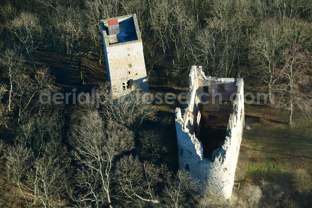 Aerial photograph Oldisleben - Ruins and vestiges of the former castle and fortress Obere Sachsenburg in Oldisleben in the state Thuringia, Germany