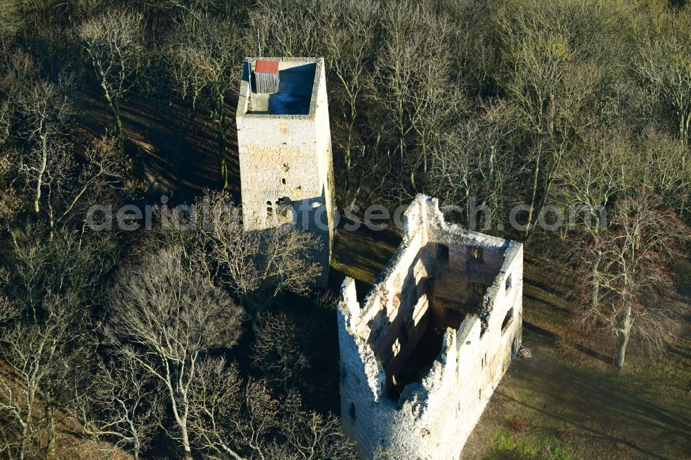 Oldisleben from above - Ruins and vestiges of the former castle and fortress Obere Sachsenburg in Oldisleben in the state Thuringia, Germany