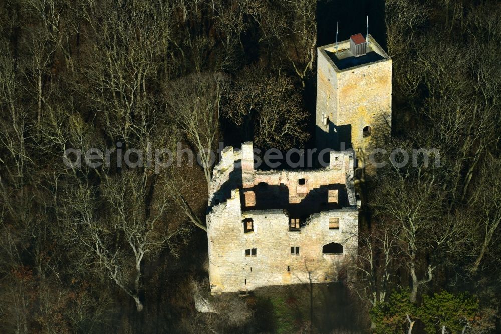 Aerial image Oldisleben - Ruins and vestiges of the former castle and fortress Obere Sachsenburg in Oldisleben in the state Thuringia, Germany