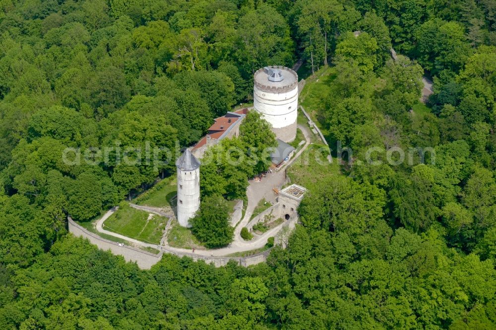Bovenden from the bird's eye view: Ruins and vestiges of the former castle and fortress Plesse in Bovenden in the state Lower Saxony, Germany