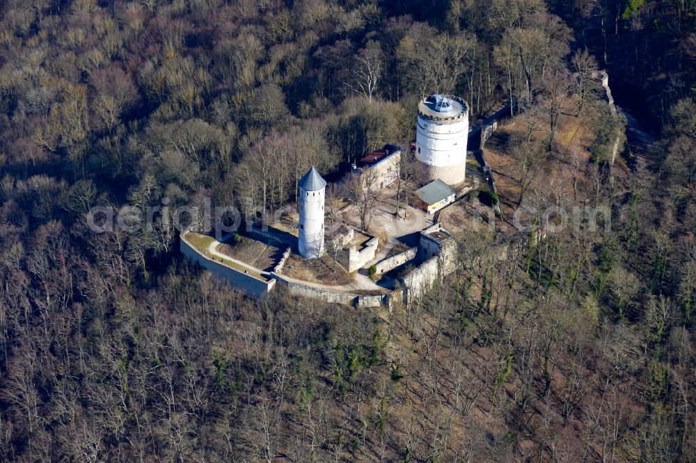 Bovenden from above - Ruins and vestiges of the former castle and fortress Plesse in Bovenden in the state Lower Saxony, Germany