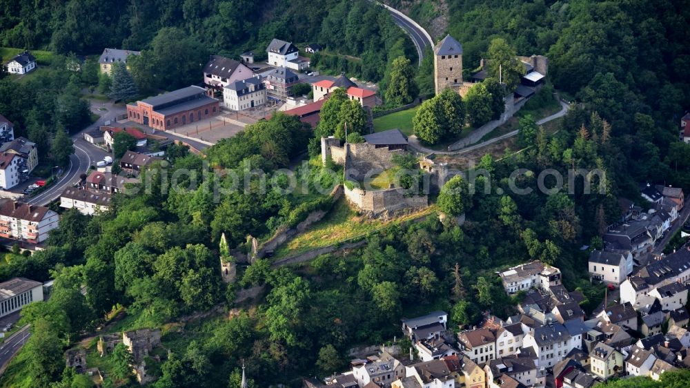 Bendorf from above - Ruins and vestiges of the former castle and fortress on Saynsteig in Sayn in the state Rhineland-Palatinate, Germany