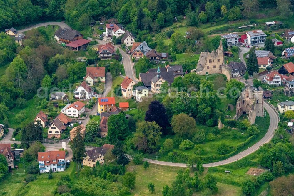 Landeck from above - Ruins and vestiges of the former castle and fortress Im Zentrum of Dorfes Landeck in Landeck in the state Baden-Wurttemberg, Germany
