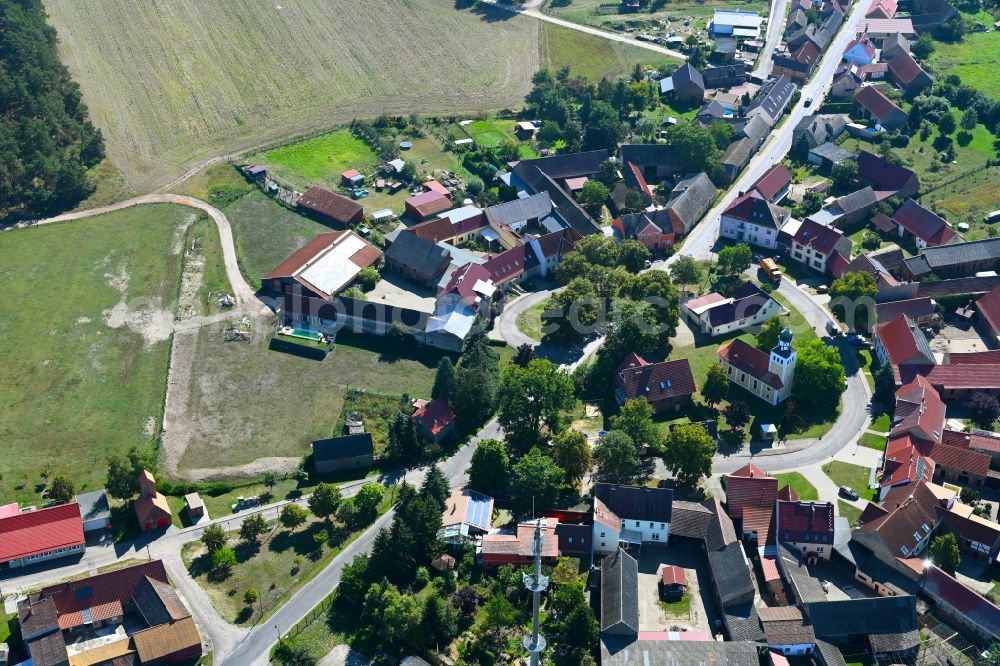 Aerial image Alt Bork - Village view with radiating round - shaped farmsteads and residential buildings in the center of the village in Alt Bork in the state Brandenburg, Germany