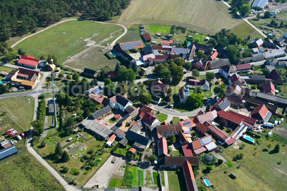 Alt Bork from above - Village view with radiating round - shaped farmsteads and residential buildings in the center of the village in Alt Bork in the state Brandenburg, Germany