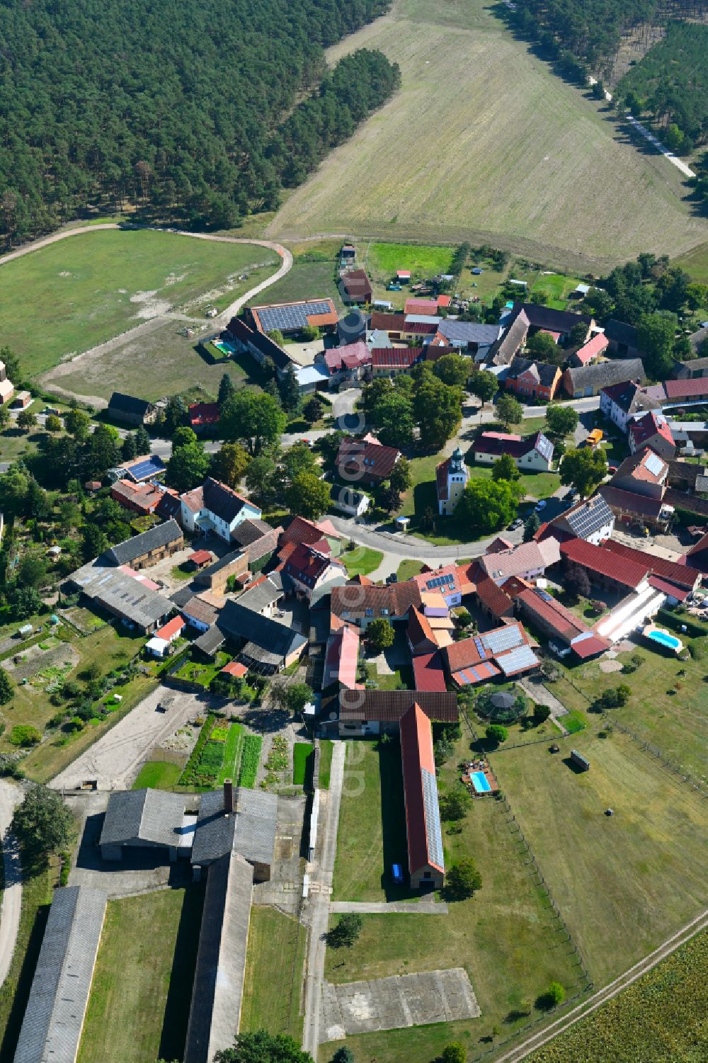 Alt Bork from the bird's eye view: Village view with radiating round - shaped farmsteads and residential buildings in the center of the village in Alt Bork in the state Brandenburg, Germany