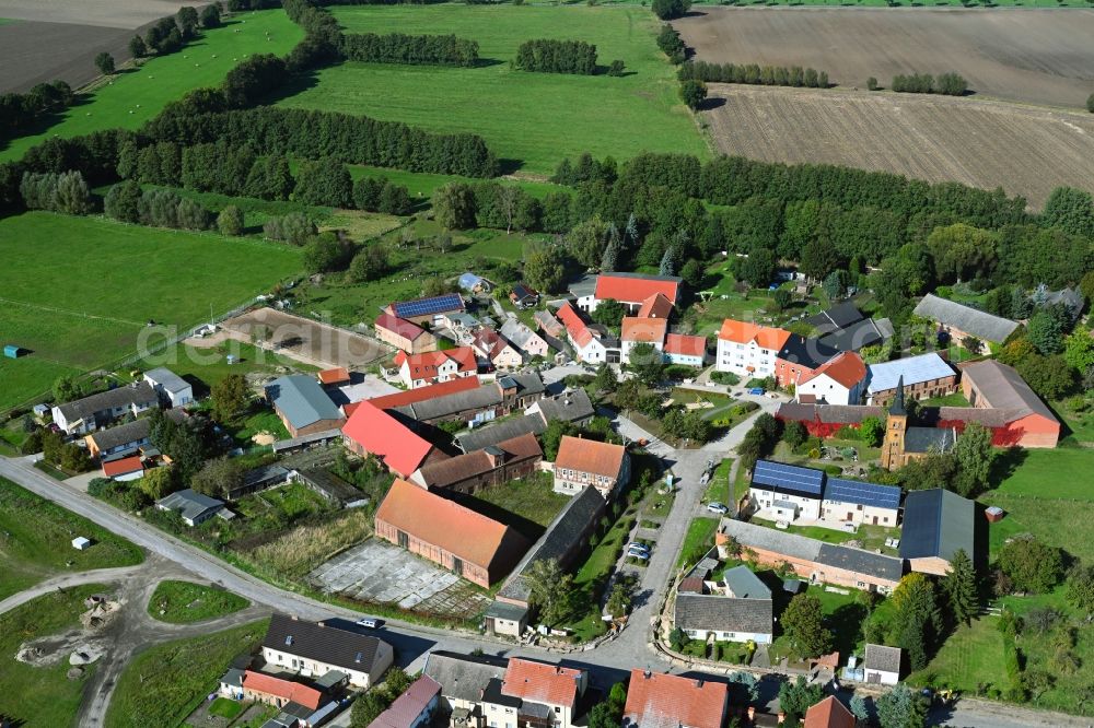 Luso from the bird's eye view: Village view with radiating round - shaped farmsteads and residential buildings in the center of the village in Luso in the state Saxony-Anhalt, Germany