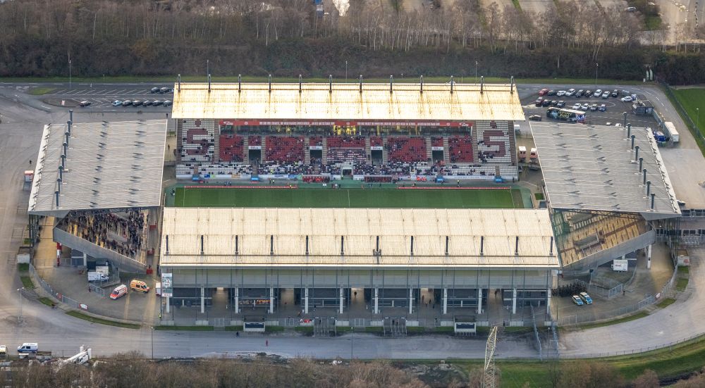 Essen from the bird's eye view: RWE - Red-White Stadium in Essen in North Rhine-Westphalia