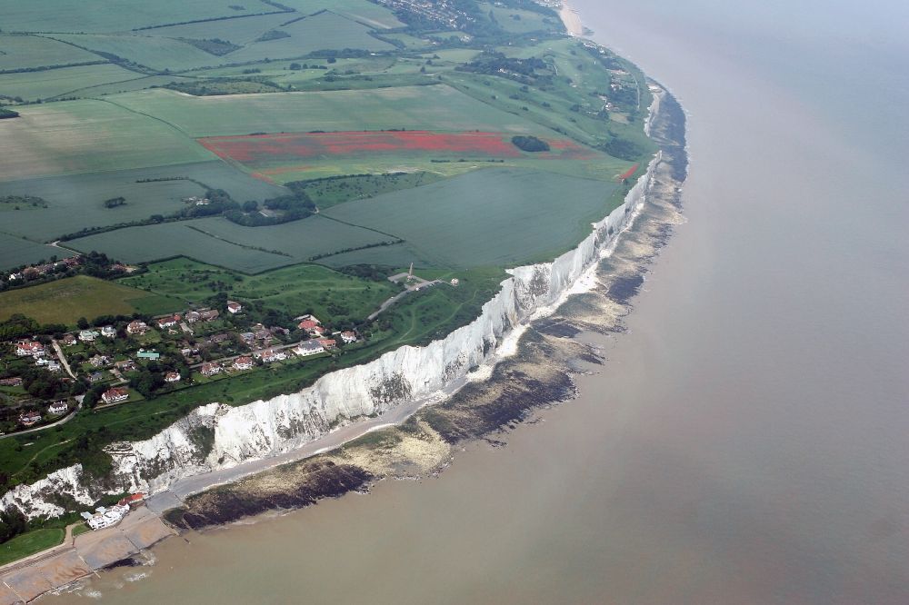 Saint Margareth's at Cliffe from the bird's eye view: Saint Margaret's at Cliffe in Kent in England, United Kingdom. Also the famous white chalk cliffs which here form a part of the British coastline