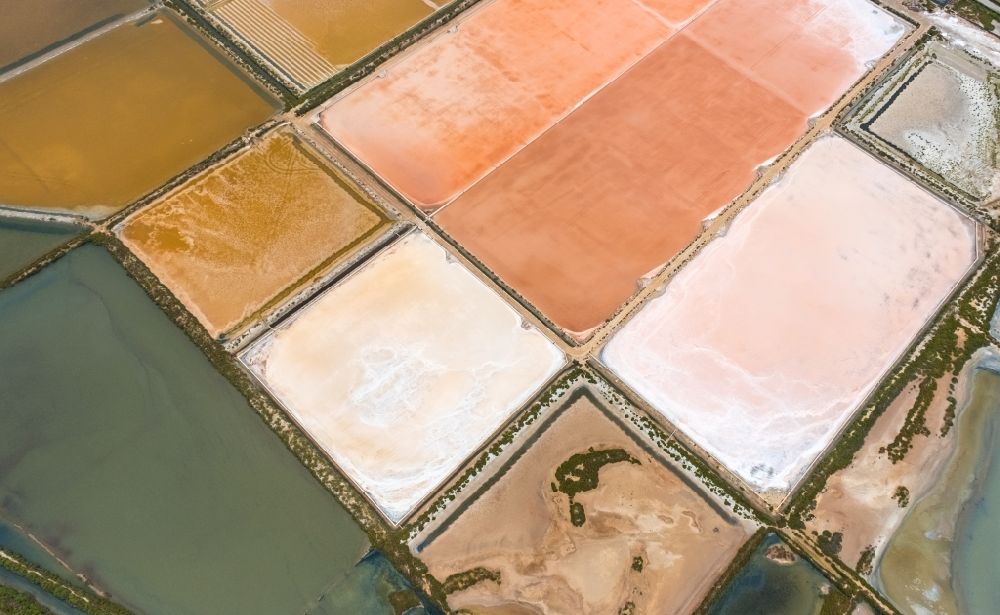 Llucmajor from above - Brown - white salt pans for salt extraction in Llucmajor in Balearic Islands, Spain