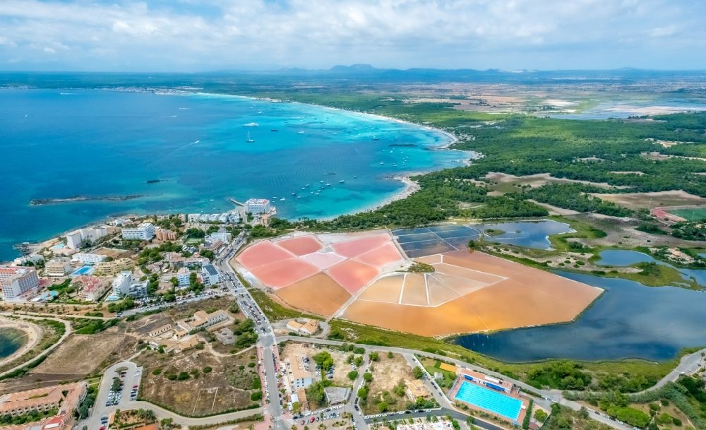 Llucmajor from the bird's eye view: Brown - white salt pans for salt extraction in Llucmajor in Balearic Islands, Spain