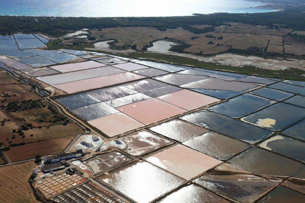 Ses Salines d'es Trenc from above - Brown - white salt pans for salt extraction Ses salines d'es trenc in Mallorca in Balearic Islands, Spain