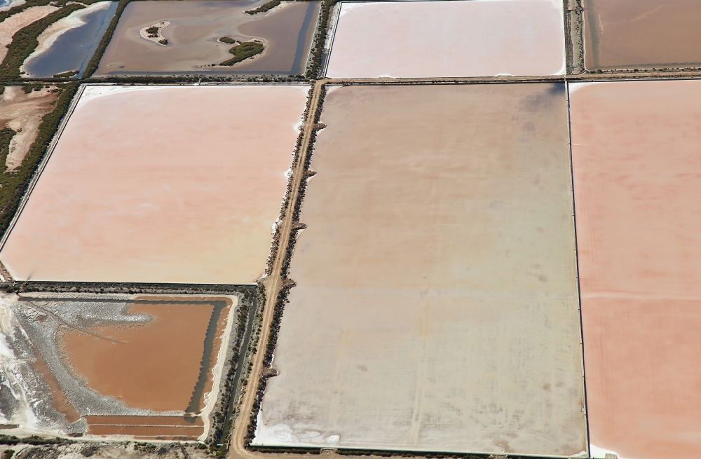 Ses Salines d'es Trenc from above - Brown - white salt pans for salt extraction Ses salines d'es trenc in Mallorca in Balearic Islands, Spain
