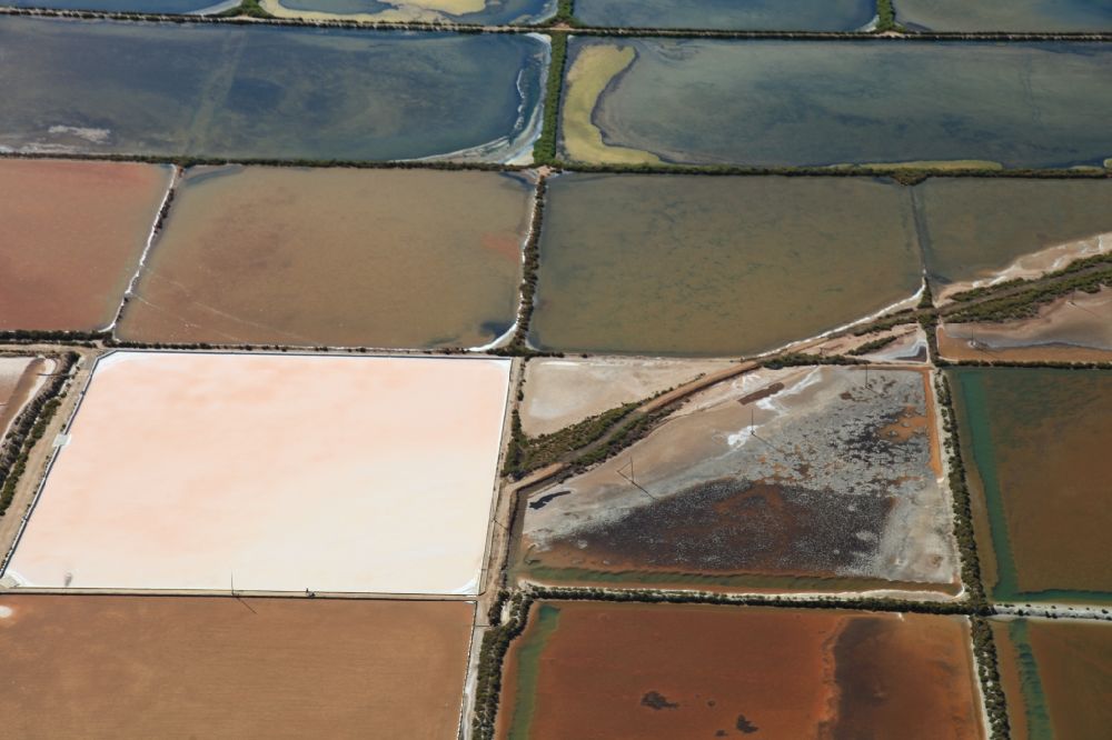 Colonia de Sant Jordi from above - Brown - white pink salt pans for salt extraction Ses salines d'es trenc in Mallorca in Balearic Islands, Spain