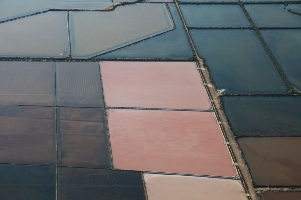 Aerial photograph Colonia de Sant Jordi - Brown - white pink salt pans for salt extraction Ses salines d'es trenc in Mallorca in Balearic Islands, Spain