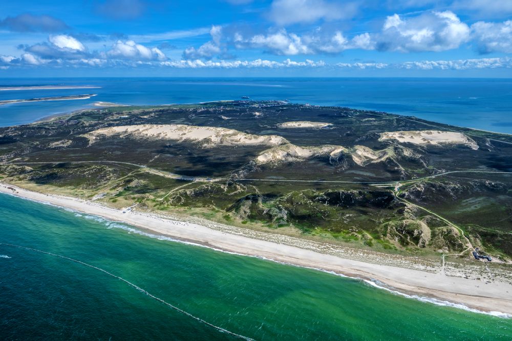 List from the bird's eye view: Sand, dune and shifting dune landscape in List at the island Sylt in the state Schleswig-Holstein, Germany