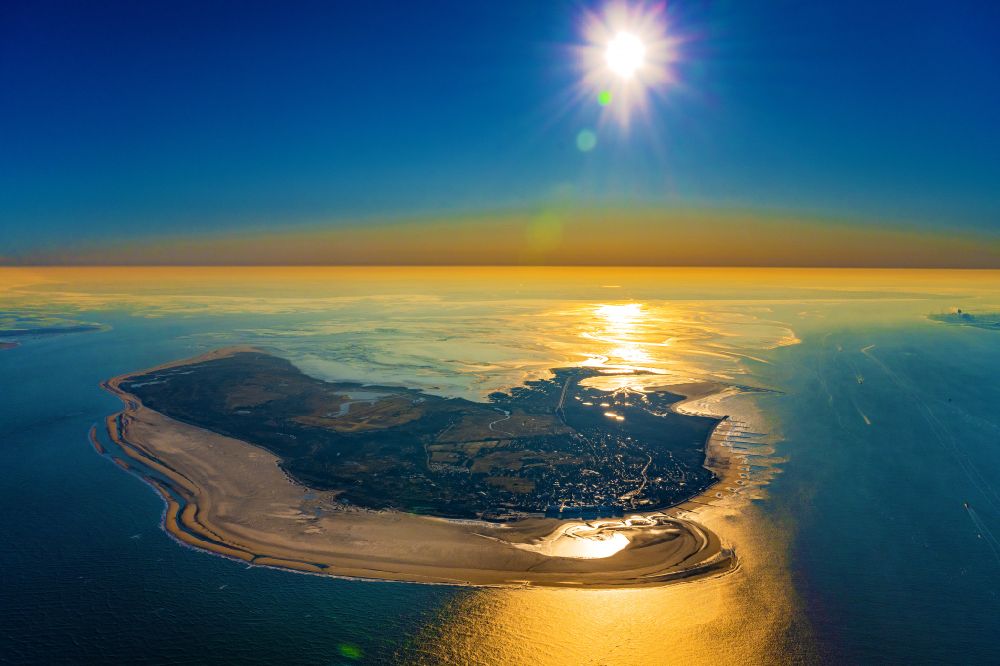 Aerial image Borkum - Sandy coastline with Natural bay on the North Sea Island Borkum at the first light, in the state Lower Saxony