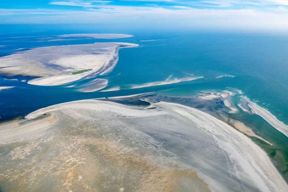 Pellworm from above - Sandbanks Japsand, Norderoogsand and Suederoogsand in the North Sea Wadden Sea in the state Schleswig-Holstein, Germany