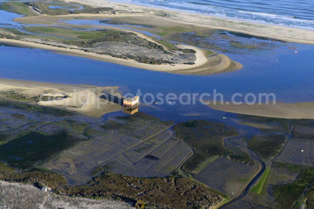 Aerial image Fuseta - Sandbank- land area by flow under the sea water surface on the Mediterranean in Fuseta in Distrikt Faro, Portugal