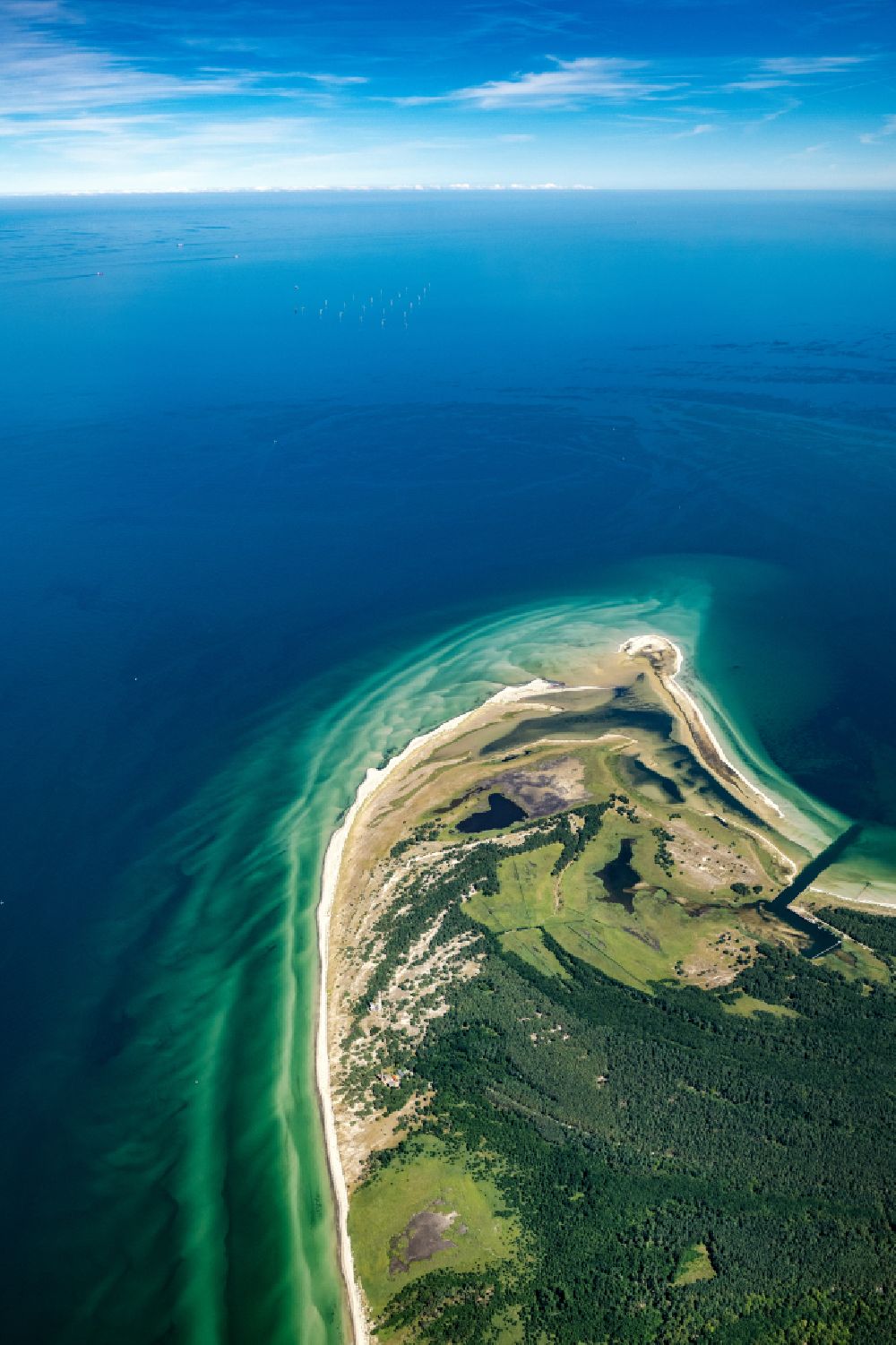 Aerial image Born am Darß - Sandbank- land area by flow under the sea water surface the Baltic Sea at the Darsser Ort nature reserve in Born am Darss at the baltic sea coast in the state Mecklenburg - Western Pomerania, Germany
