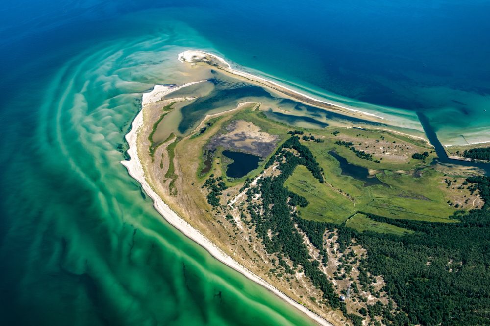 Aerial image Born am Darß - Sandbank- land area by flow under the sea water surface the Baltic Sea at the Darsser Ort nature reserve in Born am Darss at the baltic sea coast in the state Mecklenburg - Western Pomerania, Germany