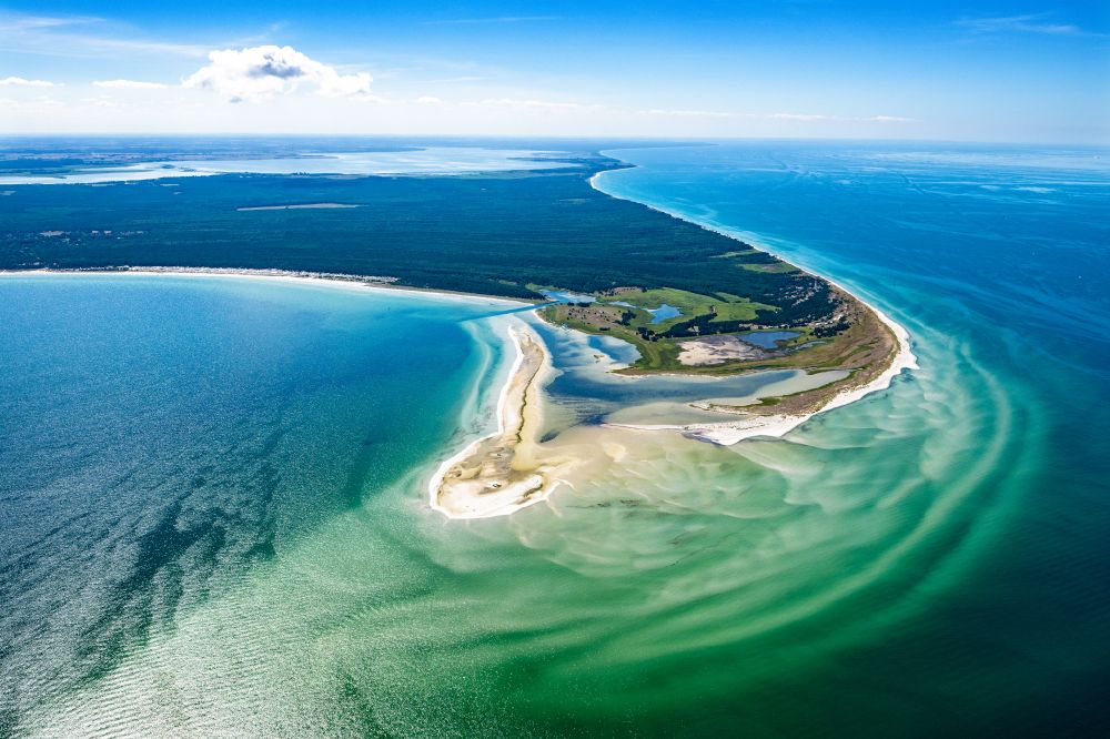 Born am Darß from above - Sandbank- land area by flow under the sea water surface the Baltic Sea at the Darsser Ort nature reserve in Born am Darss at the baltic sea coast in the state Mecklenburg - Western Pomerania, Germany